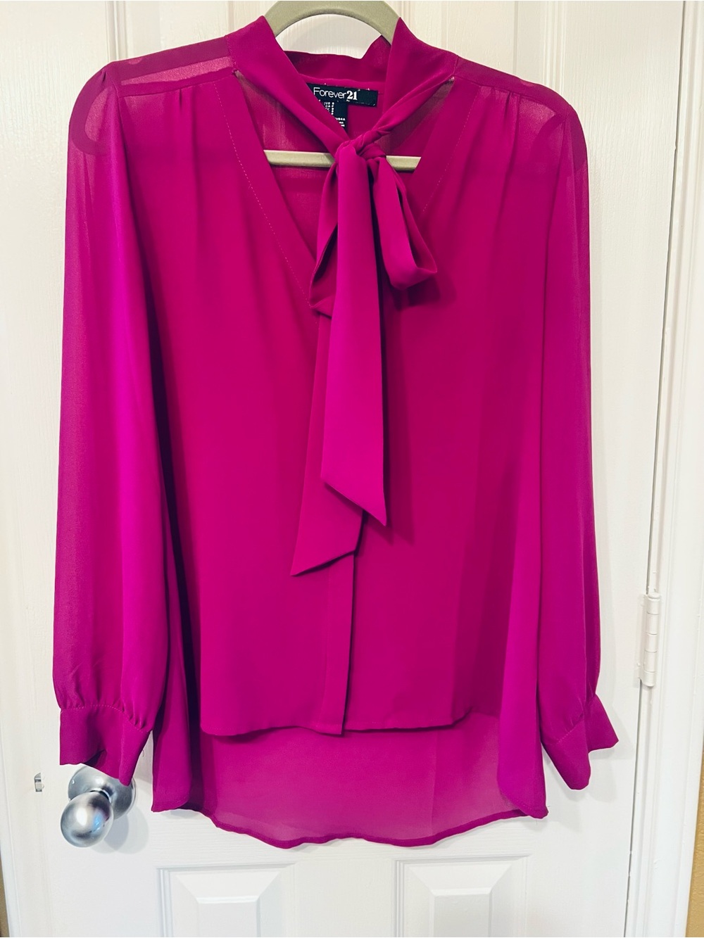 Forever 21 Fuchsia Tie-Neck Sheer Blouse, Size Small